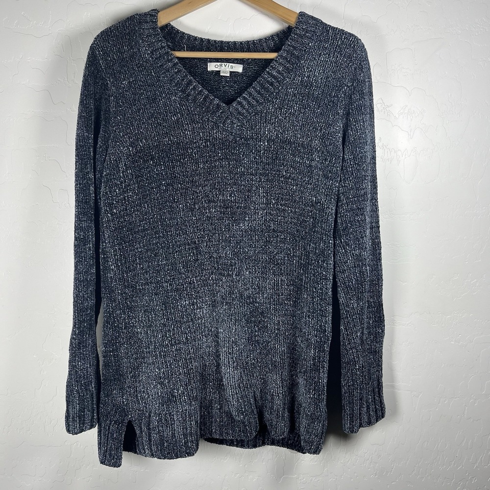 Orvis‎ Chenille Tunic Sweater Women SZ Small Navy V-neck Soft Comfort Loungewear